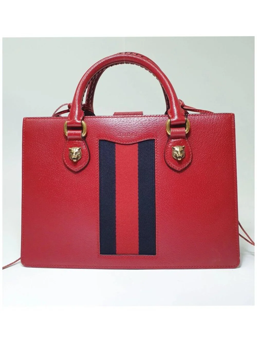 Authentic Gucci Animalier Web Leather Tote Bag Red